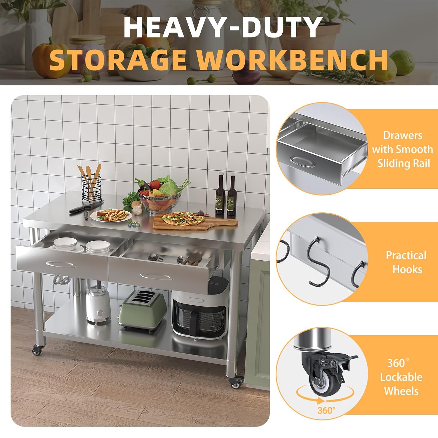 Stainless Steel Table with Dra - Commercial Kitchen Prep Table 评论和价格